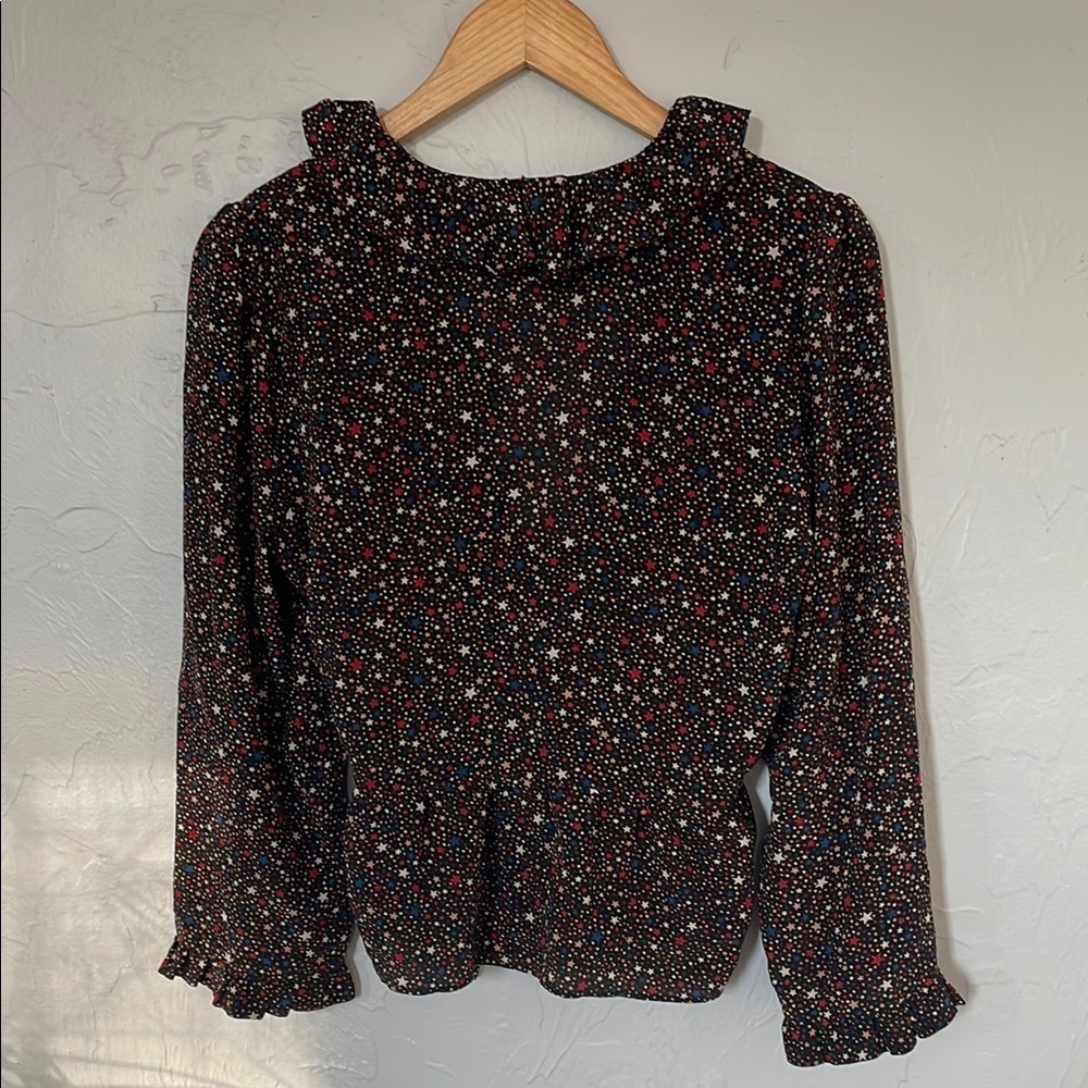 Madewell 100% Silk Star Print Black, Navy, Red, Cream Wrap Peplum Blouse - Picture 6 of 9